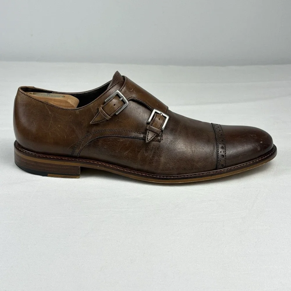 Joseph Abboud Glenn Double Monk Strap 11.5M Brown Leather Brogue Cap Toe Oxfords